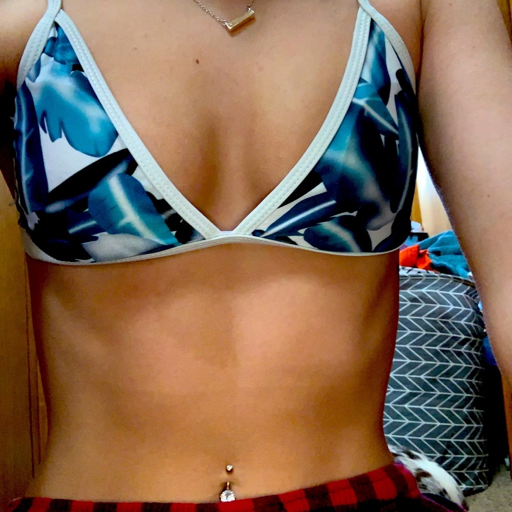 Blue leaf print triangle bikini top